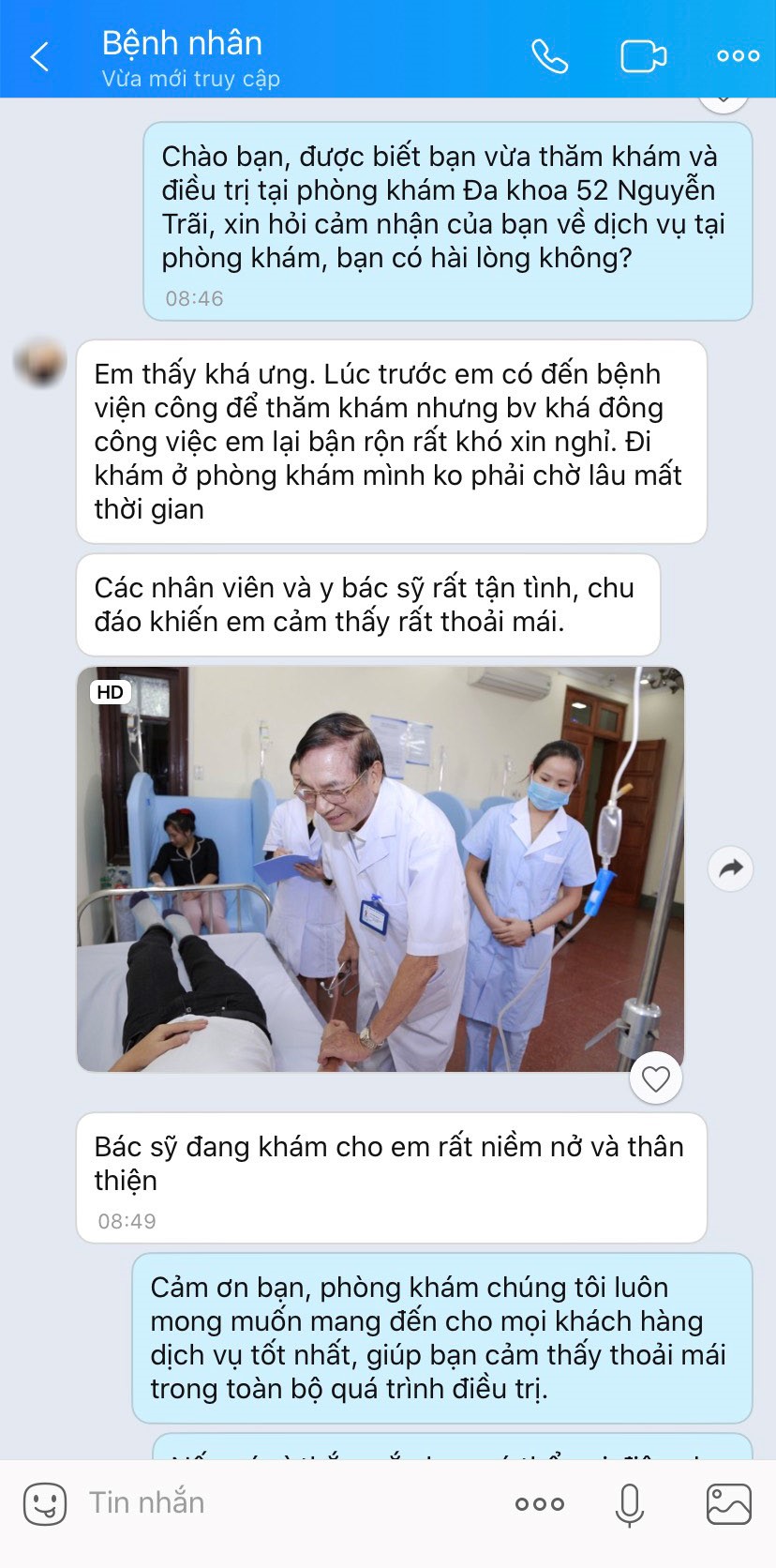 Phản hồi của khách sau trải nghiệm dịch vụ y tế tại Phòng khám Đa khoa 52 Nguyễn Trãi